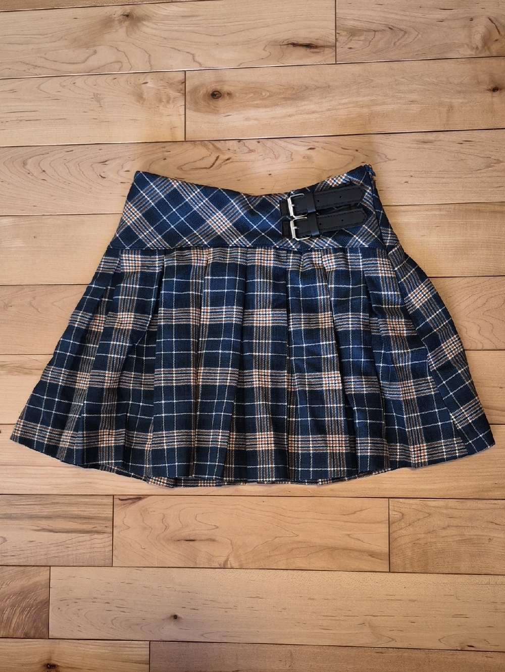 Girls Size 10 Zara Navy & Tan Plaid Pleated Mini Skirt with Double Buckle Waist